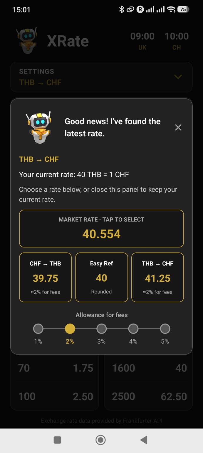 XRate assistant with daily rates and fee adjustments